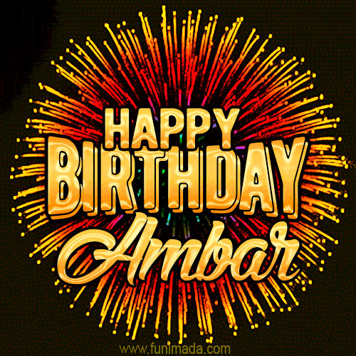 Golden 'Happy Birthday Ambar' text accompanied by animated rainbow fireworks for a festive animated greeting.