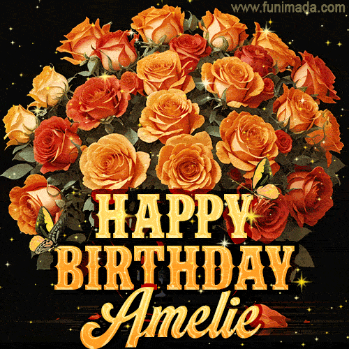 Beautiful bouquet of orange and red roses for Amelie, golden inscription and twinkling stars