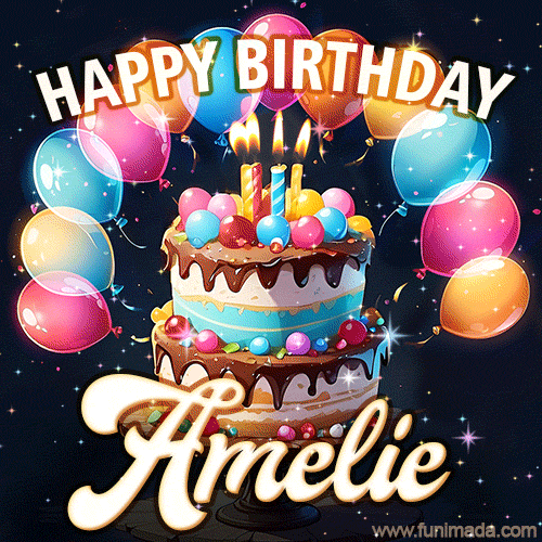 Hand-drawn happy birthday cake adorned with an arch of colorful balloons - name GIF for Amelie