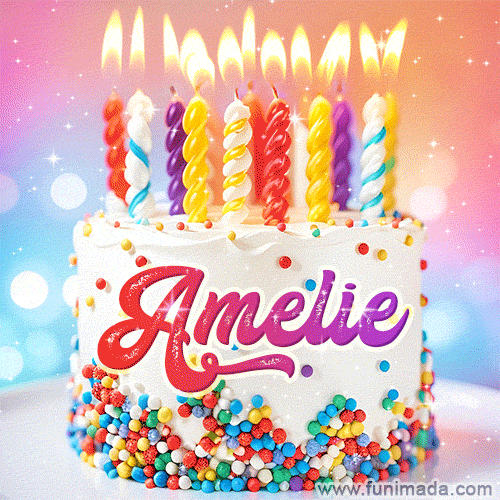 Personalized for Amelie elegant birthday cake adorned with rainbow sprinkles, colorful candles and glitter