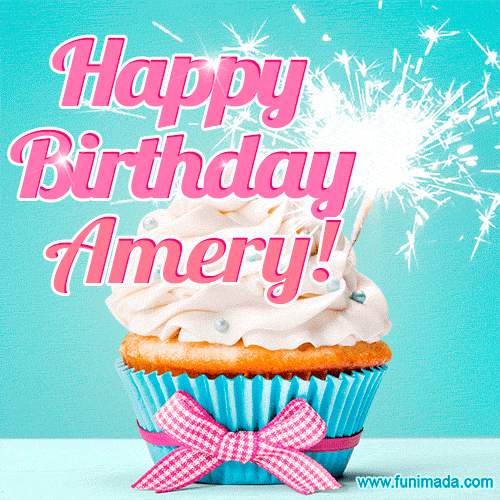Happy Birthday Amery! Elegang Sparkling Cupcake GIF Image.