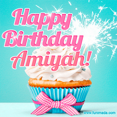 Happy Birthday Amiyah! Elegang Sparkling Cupcake GIF Image.