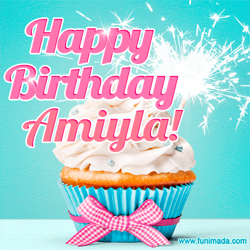 Happy Birthday Amiyla! Elegang Sparkling Cupcake GIF Image.