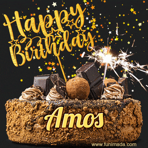 Celebrate Amos's birthday with a GIF featuring chocolate cake, a lit sparkler, and golden stars