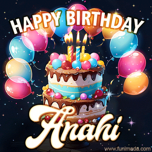 Hand-drawn happy birthday cake adorned with an arch of colorful balloons - name GIF for Anahi