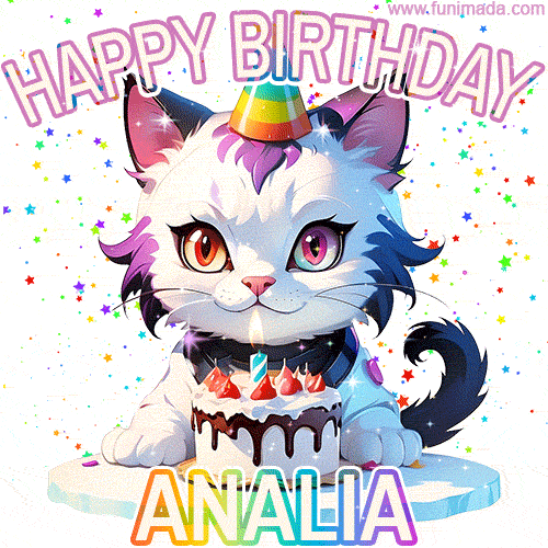 Adorable party-themed animated cat next to a lit birthday cake with text that says 'Happy Birthday Analia,' surrounded by colorful decorations and sparkles.