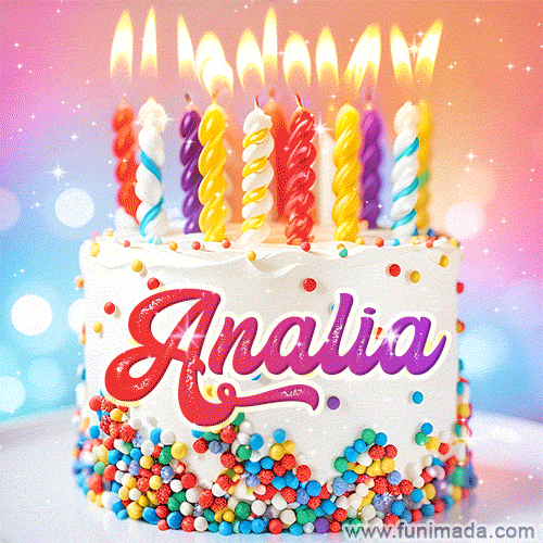 A cheerful white birthday cake with multicolor sprinkles, lit candles, and 'Analia' written in vibrant letters, in an animated GIF.
