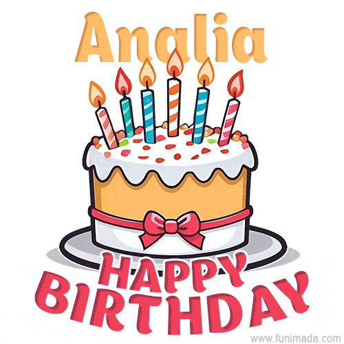 Cartoon birthday cake with a red bow, glowing candles, and 'Analia Happy Birthday' text in bold animated style.