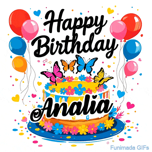 An animated birthday card for Analia. It features a festive cake with her name, 'Analia', and colorful butterflies. Floating balloons and hearts complete the joyful scene.