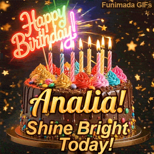 A customized birthday ecard for Analia displaying a rich chocolate cake with a sparkly dark background.