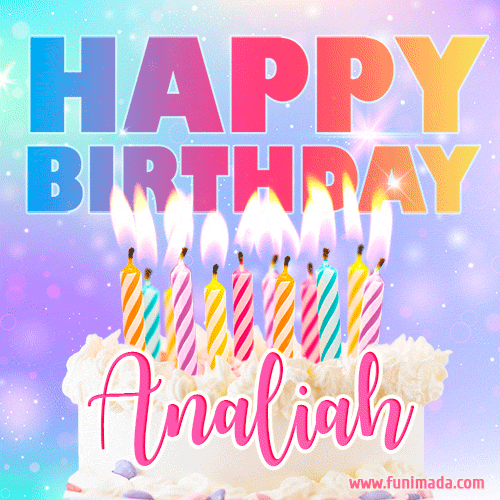 A vibrant animated name GIF with the words 'Happy Birthday Analiah' with colorful candles on a creamy cake. The background sparkles with pastel shades, adding a festive touch.