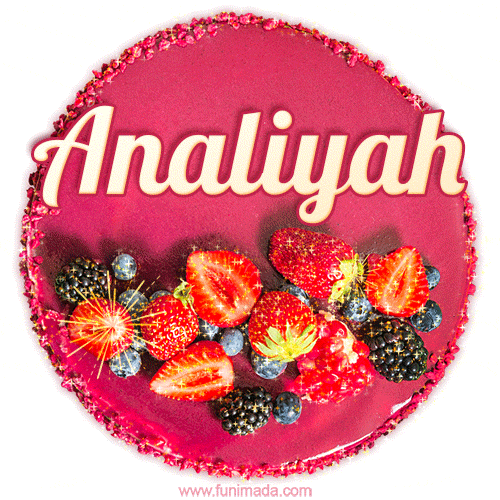 Beautifully decorated red velvet berry birthday cake with vibrant fruits and a glowing 'Analiyah' name, adding a touch of sweetness and sparkle.