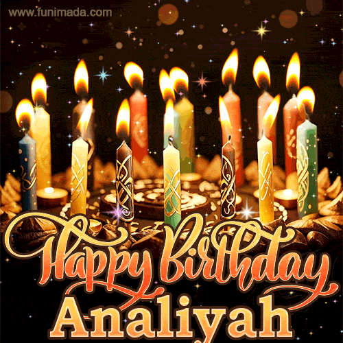 A glowing personalized birthday GIF with name Analiyah featuring lit candles with intricate designs, warm lighting, and the text 'Happy Birthday' in an elegant font.