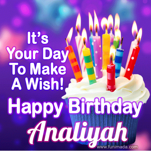 A colorful birthday GIF for Analiyah featuring a cupcake with vibrant lit candles and the text 'It's Your Day to Make a Wish! Happy Birthday Analiyah' in bold letters on a festive purple background.