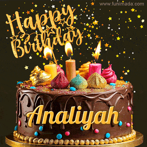 A delightful chocolate birthday cake with bright candles and 'Happy Birthday Analiyah' written in gold amidst a shower of animated stars.