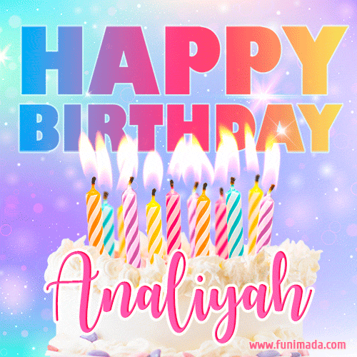 A vibrant animated name GIF with the words 'Happy Birthday Analiyah' with colorful candles on a creamy cake. The background sparkles with pastel shades, adding a festive touch.