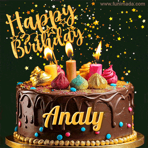 A delightful chocolate birthday cake with bright candles and 'Happy Birthday Analy' written in gold amidst a shower of animated stars.