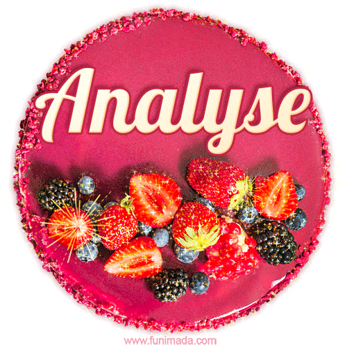 Beautifully decorated red velvet berry birthday cake with vibrant fruits and a glowing 'Analyse' name, adding a touch of sweetness and sparkle.