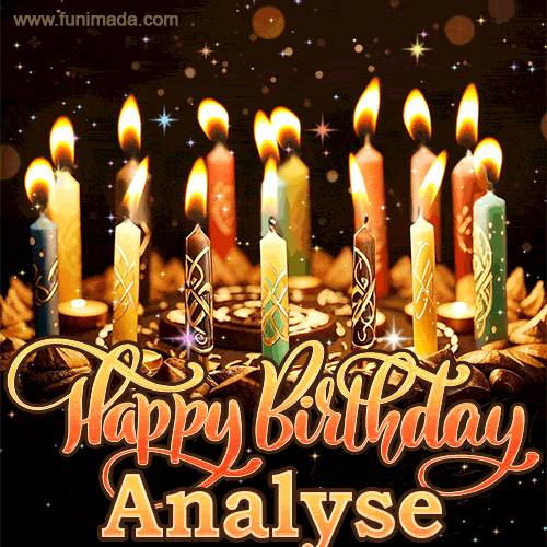 A glowing personalized birthday GIF with name Analyse featuring lit candles with intricate designs, warm lighting, and the text 'Happy Birthday' in an elegant font.
