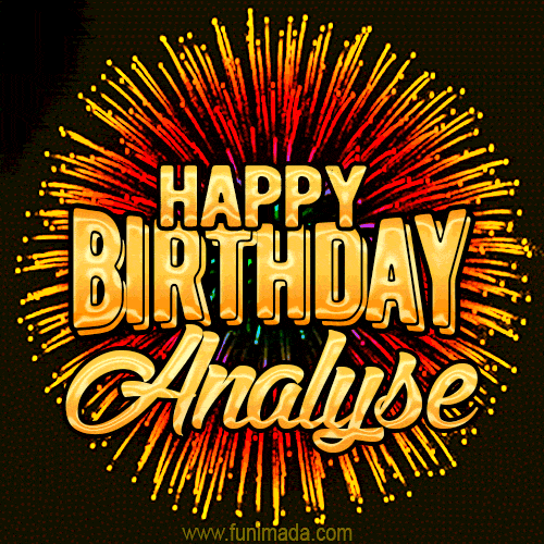 Golden 'Happy Birthday Analyse' text accompanied by animated rainbow fireworks for a festive animated greeting.