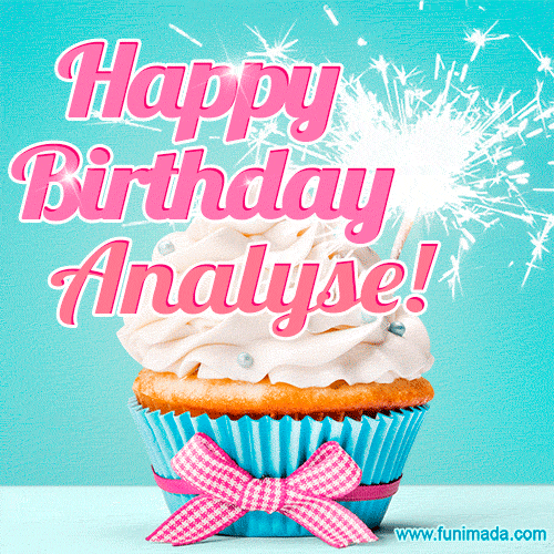 A festive cupcake with pink icing, a gingham bow, and a lit animated sparkler, paired with 'Happy Birthday Analyse!' in bright pink text.