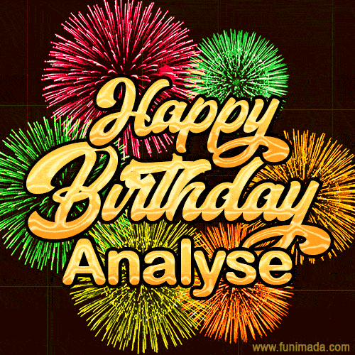 Golden text reading 'Happy Birthday Analyse' surrounded by vibrant fireworks in red, green, and yellow, set against a dark background in this celebratory birthday GIF.