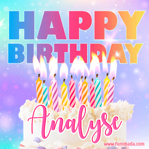 A vibrant animated name GIF with the words 'Happy Birthday Analyse' with colorful candles on a creamy cake. The background sparkles with pastel shades, adding a festive touch.