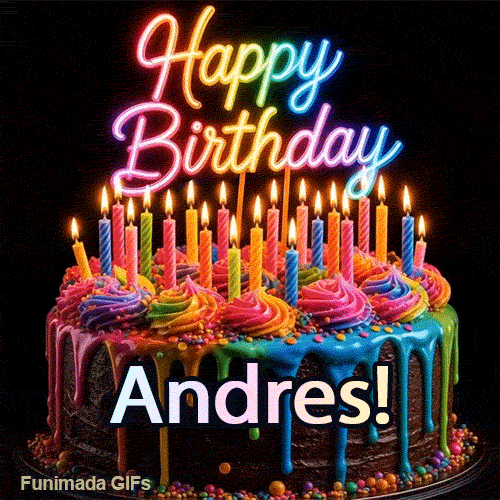A vibrant animated GIF featuring a colorful rotating birthday cake with bright frosting swirls, glowing candles, and the text 'Happy Birthday Andres!' in rainbow colors.