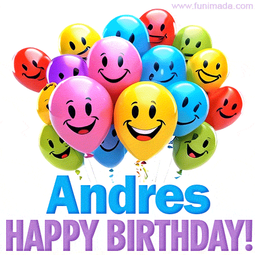 An animated birthday-themed name GIF with colorful smiling balloons and bold 'Andres, Happy Birthday!' text for a celebratory touch.
