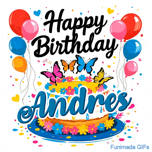Colorful hearts, dots, and flower petals scattered around a festive butterfly theme cake for Andres.
