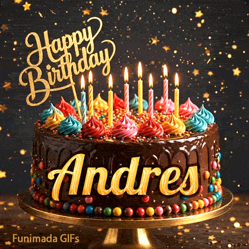 A personalized birthday greeting card with a chocolate cake, bright icing swirls, and flickering candles on a gold platter. Andres
