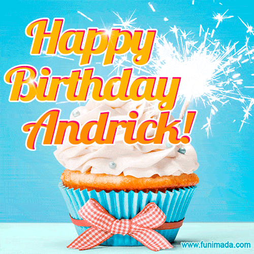 A cheerful animated GIF of a cupcake with creamy frosting, a red checkered ribbon, and a bright sparkler on top. The text 'Happy Birthday Andrick!' is displayed in vibrant orange and red.