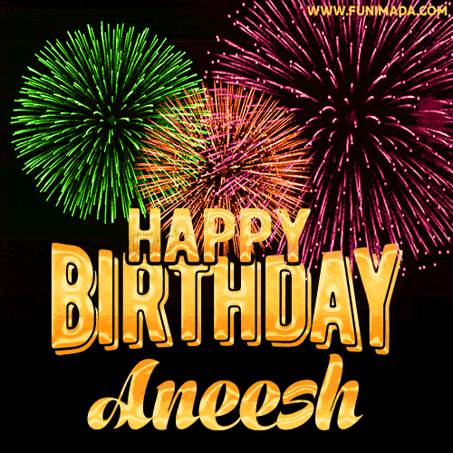 Wishing You A Happy Birthday, Aneesh! Best fireworks GIF animated greeting card.