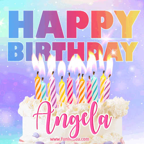 Animated Happy Birthday Cake with Name Angela and Burning Candles