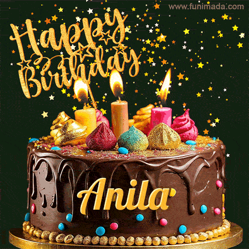 A delightful chocolate birthday cake with bright candles and 'Happy Birthday Anila' written in gold amidst a shower of animated stars.