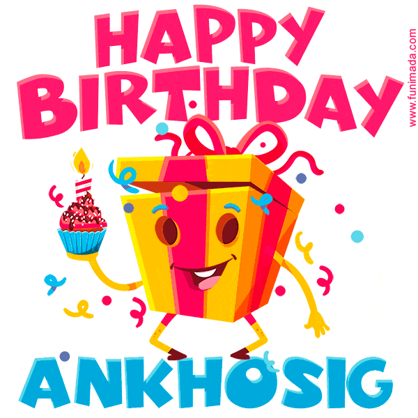 A vibrant and funny gift box character with a happy face dancing with a cupcake and the text 'Happy Birthday Ankhosig,' surrounded by animated confetti and party vibes.