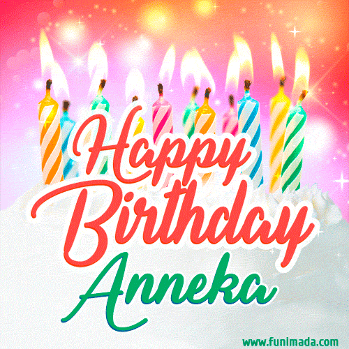 Bright birthday candles with rainbow flames on a cake, alongside the text 'Happy Birthday Anneka' in vibrant script in this celebratory animated GIF.