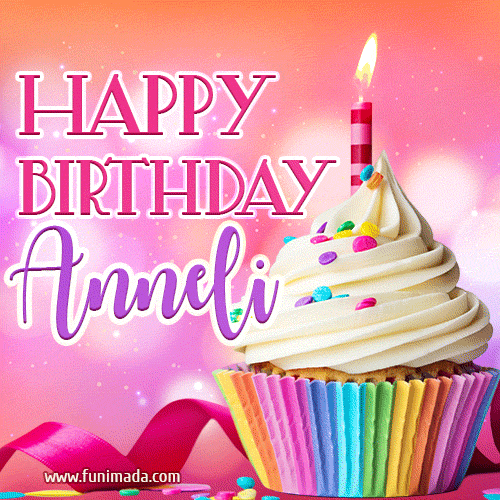 A vibrant birthday GIF featuring a rainbow-colored cupcake topped with white frosting, sprinkles, and a lit candle. The text reads 'Happy Birthday Anneli' in bold pink and violet letters with white outline.