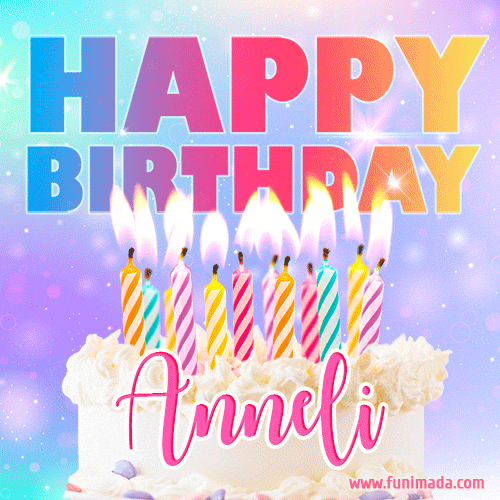 A vibrant animated name GIF with the words 'Happy Birthday Anneli' with colorful candles on a creamy cake. The background sparkles with pastel shades, adding a festive touch.