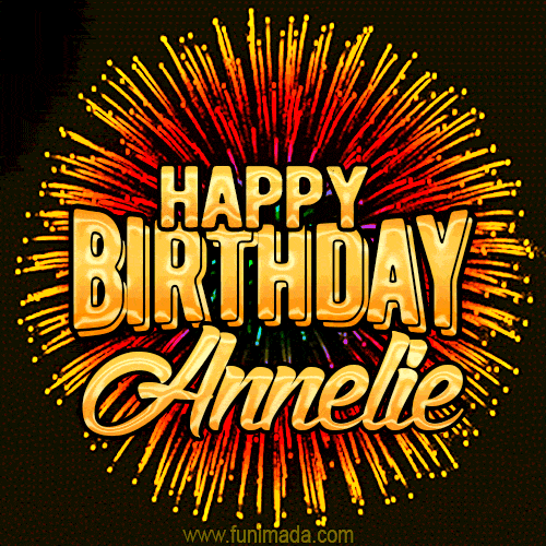 Golden 'Happy Birthday Annelie' text accompanied by animated rainbow fireworks for a festive animated greeting.