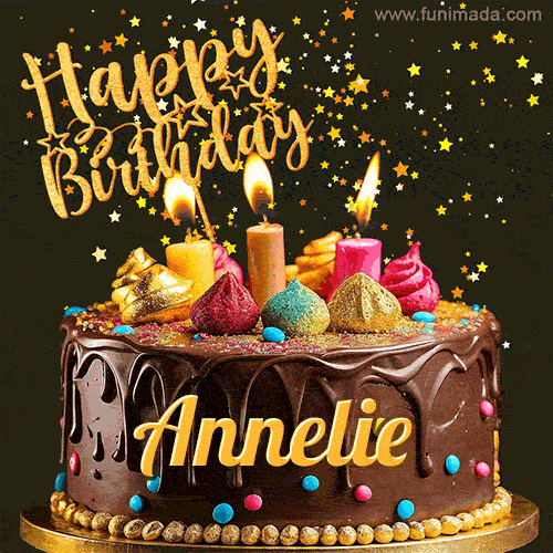 A delightful chocolate birthday cake with bright candles and 'Happy Birthday Annelie' written in gold amidst a shower of animated stars.
