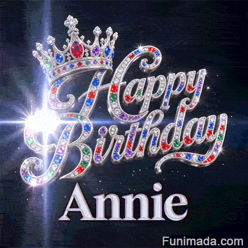 A customized birthday GIF for Annie featuring a silver crown under a glittering sky filled with light bursts.