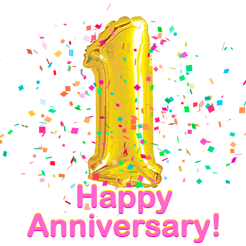 Happy Anniversary! Gold Number 1 Balloon and Confetti GIF.