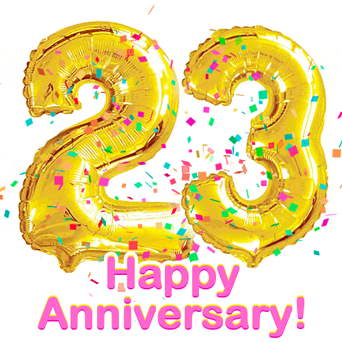 Happy Anniversary! Gold Number 23 Balloons and Confetti GIF.