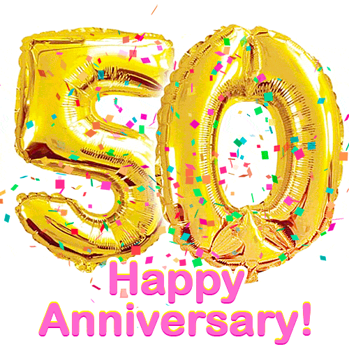 Happy Anniversary! Gold Number 50 Balloons and Confetti GIF.