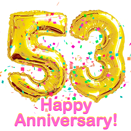 Happy Anniversary! Gold Number 53 Balloons and Confetti GIF.