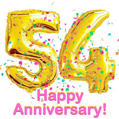 Happy Anniversary! Gold Number 54 Balloons and Confetti GIF.