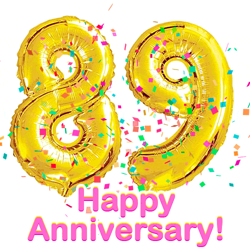 Happy Anniversary! Gold Number 89 Balloons and Confetti GIF.