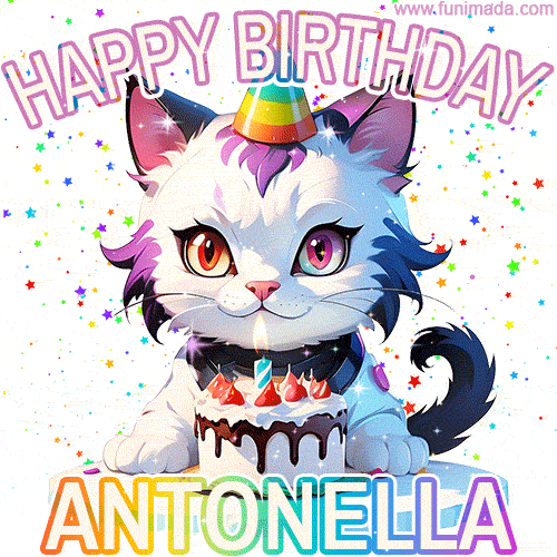 Adorable party-themed animated cat next to a lit birthday cake with text that says 'Happy Birthday Antonella,' surrounded by colorful decorations and sparkles.