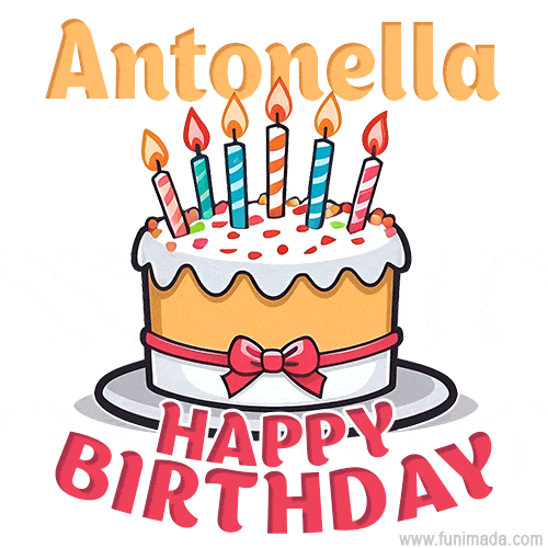 Cartoon birthday cake with a red bow, glowing candles, and 'Antonella Happy Birthday' text in bold animated style.